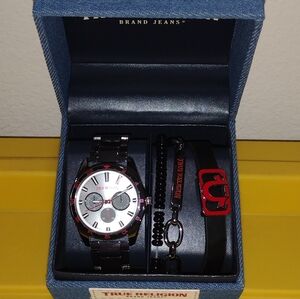 TRUE RELIGION MEN'S WATCH WITH BRACELETS SET PREMIUM DENIM BOX NEW..